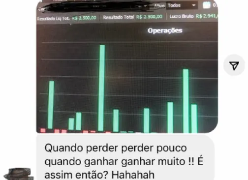 Aluno mostra gráfico de operações com barras verdes e comenta: "Quando perder perder pouco, quando ganhar ganhar muito!!"