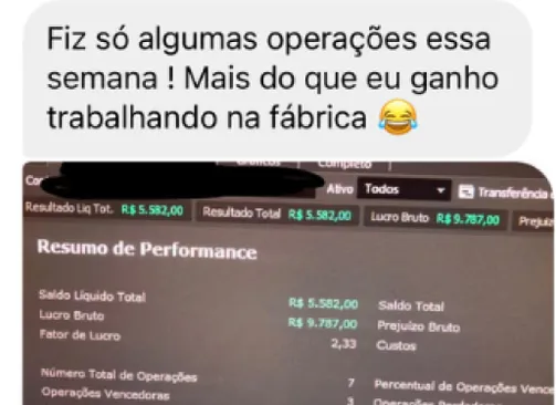Aluno mostra lucro bruto de R$ 9.787 em poucos trades e compara com salario da fabrica
