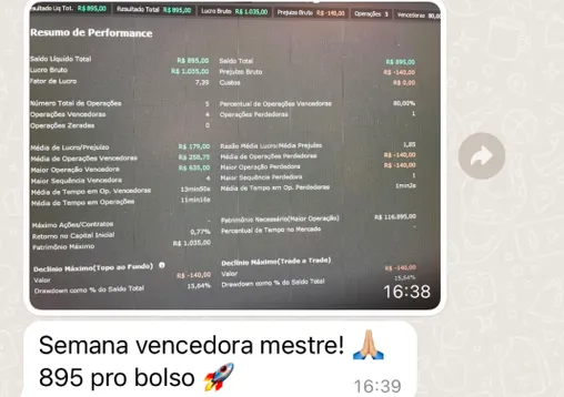 Aluno mostra resumo de performance com R$ 895 liquido na semana