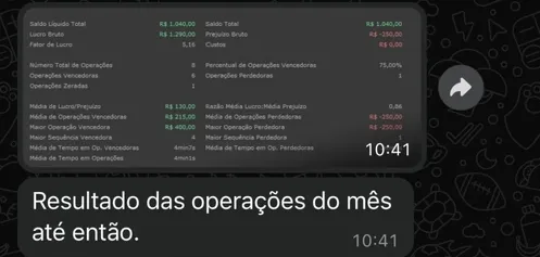 Aluno compartilha resultado total de R$ 1.040 no mes